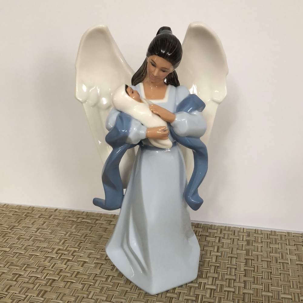 HMK LIC Dark Hair Angel Holding Baby Porcelain Figurine